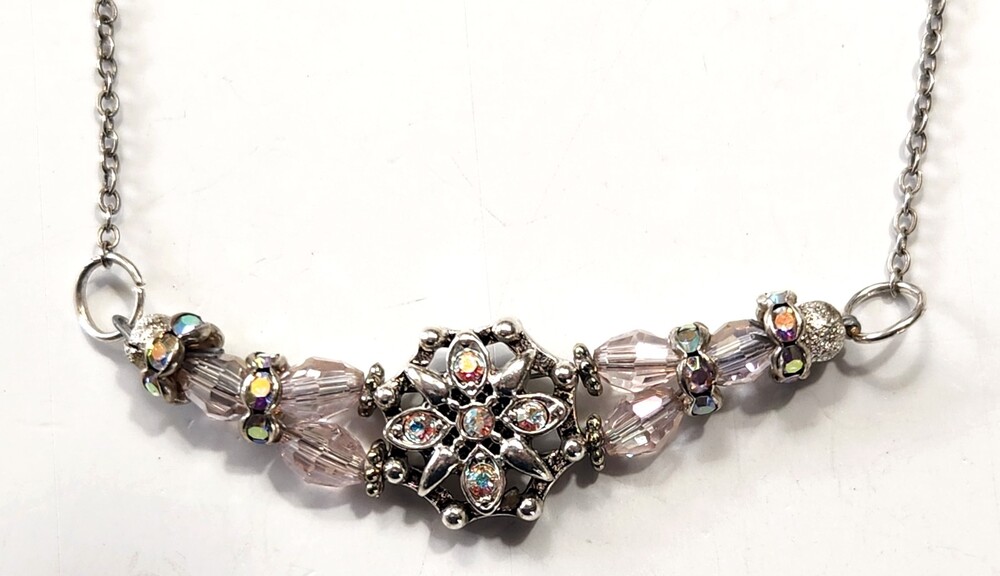 Pink Crystal & AB Rhinestone Snowflake Pendant Silvertone Dainty Girlie Choker